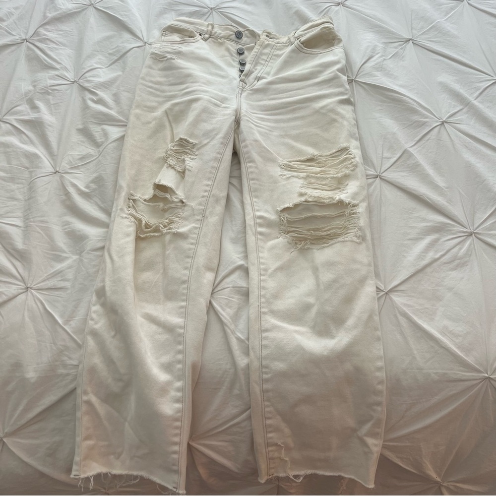 PacSun Cream Distressed Straight Leg Jeans